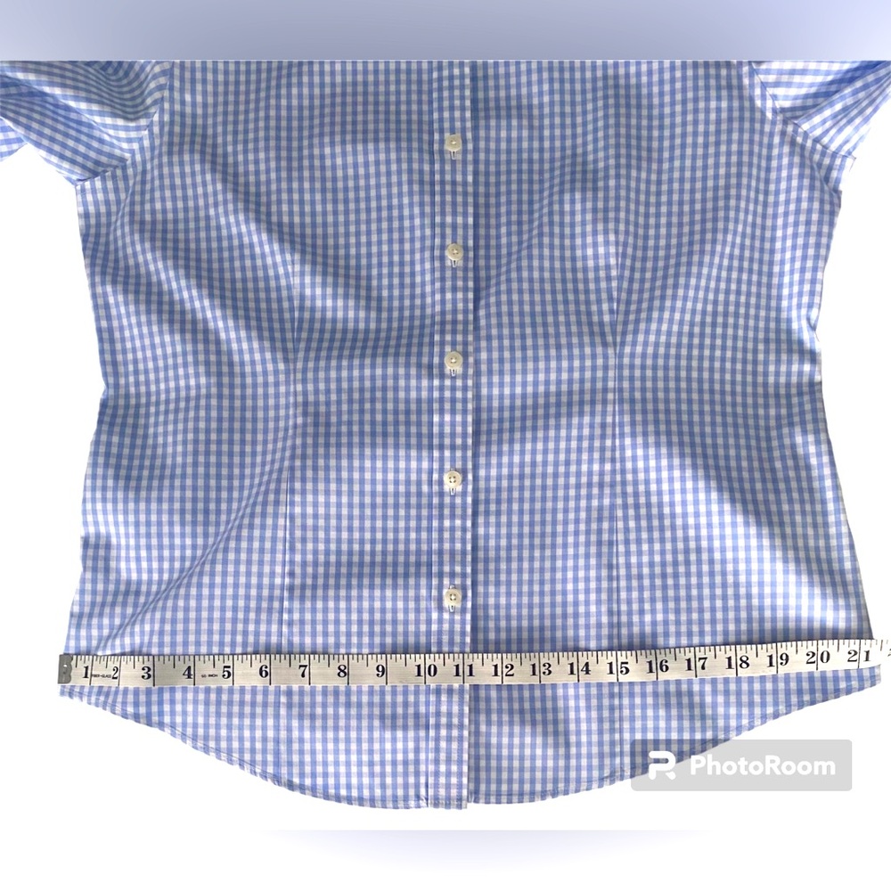 🩵 L.L.Bean Ladies Sz M Wrinkle Resistant Light Blue Gingham 3/4 Sleeved Blouse - Picture 12 of 16